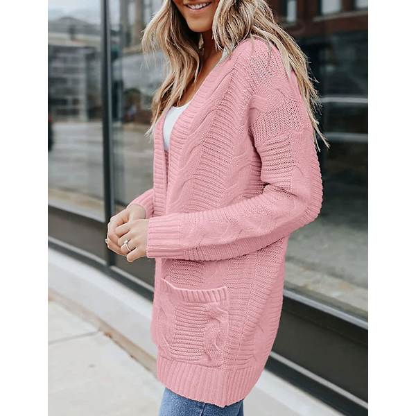 Dam Casual Långärmad Kabel Stickad Cardigan Lös Öppen Front Ytterkläder M