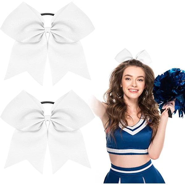 2 st stora cheer bows 8 tum jumbo cheer hårbågar hästsvanshållare elastiskt band white