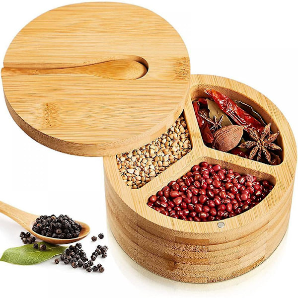 Kolminkertainen bambu suola- ja pippurisirottelija - 3-osainen suola- ja pippuripurkki magneettisella kääntyvällä kannella - Pippuri- ja suolakulho suurella tilavuudella - GSL Single-compartment