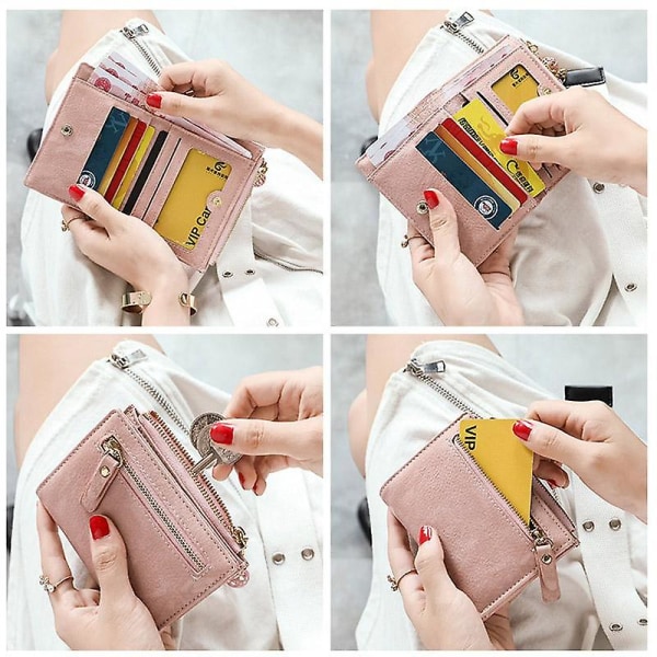 PU Læder Foldbar Tegnebog Lynlås Lomme Design Stilfuld Dame Kort Kontanter Holder Pung Pink