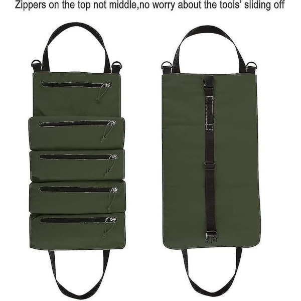 Verktygsrulle Organizer Väska, Heavy Duty Canvas Verktygsförvaringsficka Med 5 Dragkedjefickor För Skiftnycklar, Hylsor, Skruvmejslar Och Mer (Armégrön)