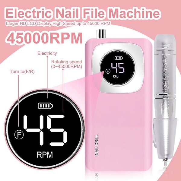 Ammattimainen kynsipora akryylikynsille: 40000 RPM kynsipora 6000 mAhm suurikapasiteettinen ladattava sähköinen kynsiviila 13 poranterää kynsien manikyyriin pink