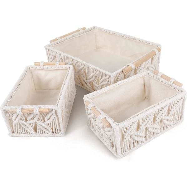 Macrame Storage Baskets Set 3st Handgjord bomullsvävd dekorativ skrivbordsförvaring