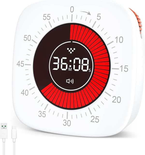 Barnetimer, visuell timer med nedtelling, 60 minutter stille timer, 3 påminnelsesmoduser, rask justering