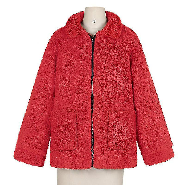 Dame Bjørn Fleece Jakke Frakke Lynlås Overtøj Red XL