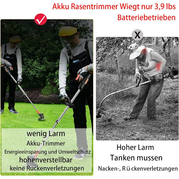 Batteridrevet gresstrimmer 36V Lett gressklipper med batteri 4.0Ah Batteri 90 til 120cm uttrekkbart håndtak for klipping av hager