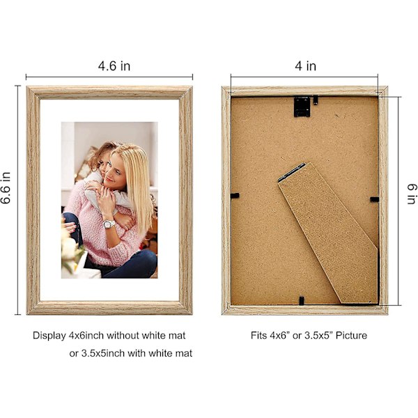 4x6 billedramme, vis billeder 3,5x5 med passepartout eller 4x6 uden passepartout, naturligt træ med high definition glas til bordpladevisning og vægmontering
