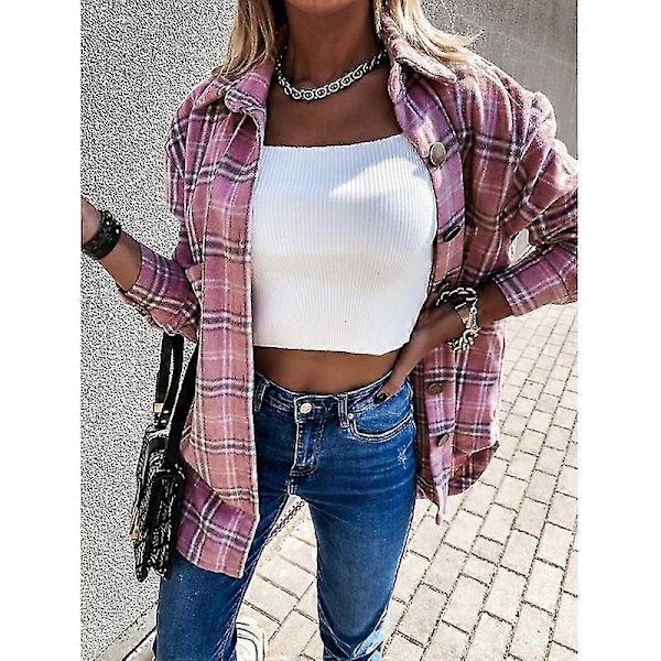 Kvinnors Kläder Rutiga Shacket Jacka Långärmad Knapp Ned Flanell Skjortor Pink L