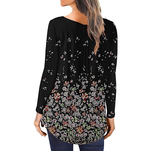 Dame Tunika Topper Ensfarget Plissert V-hals Knapper Bluse Blomstertrykte Damer Blackflo 2XL