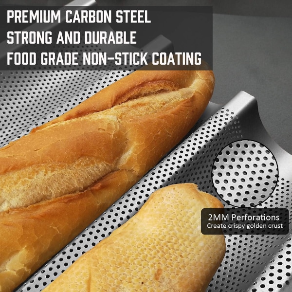 Non-stick perforerad franskbrödsbakform - 4-vågs form för krispiga baguetter - Silverfärg