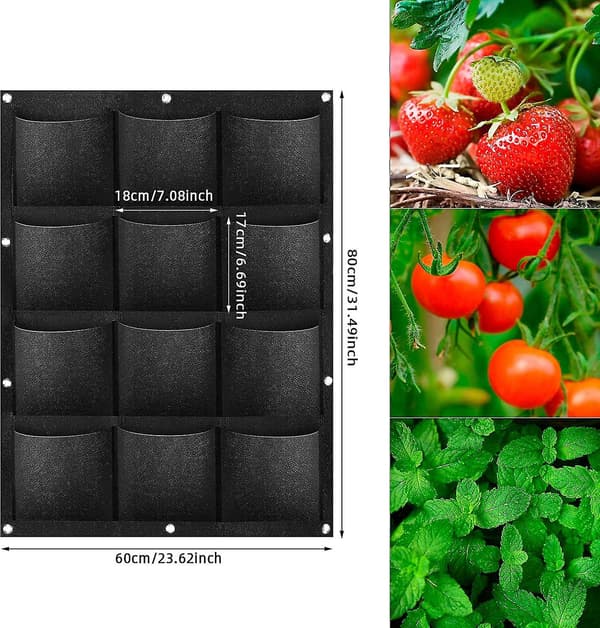 12 fickor planteringsväskor, planteringsväskor vertikala hängande planteringsväskor med S-krokar för balkongträdgård gård heminredning (80*60cm)