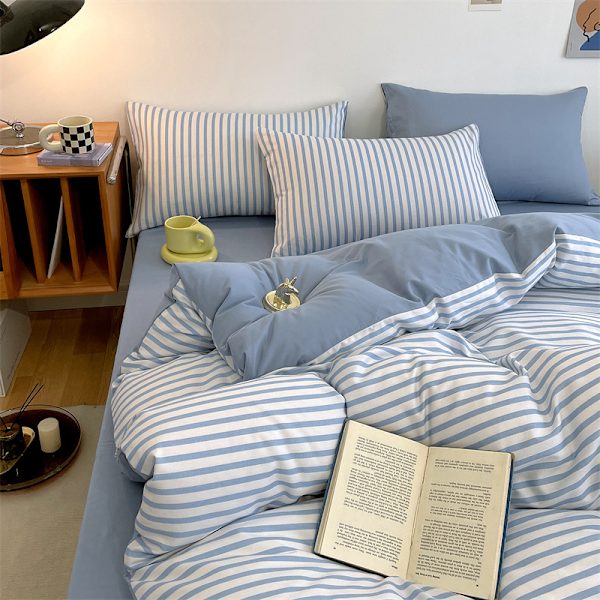 Bomullsduntäcke, lyxigt enkelt randigt sängklädesset, japansk stil rent bomullstäcke randigt blue 2.0m