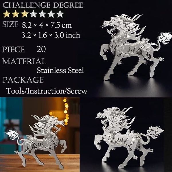 3D-metallmodellset, mekaniska Kylin 3D-pussel för vuxna, stål Warcraft-samling DIY djurhjärngymnastik enkla pussel heminredning konst hantverk D
