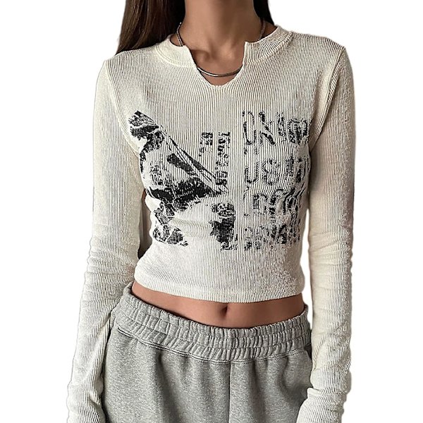 Kvinnors Y2k långärmad crop top t-shirt slim fit grafisk print goth hiphop tee
