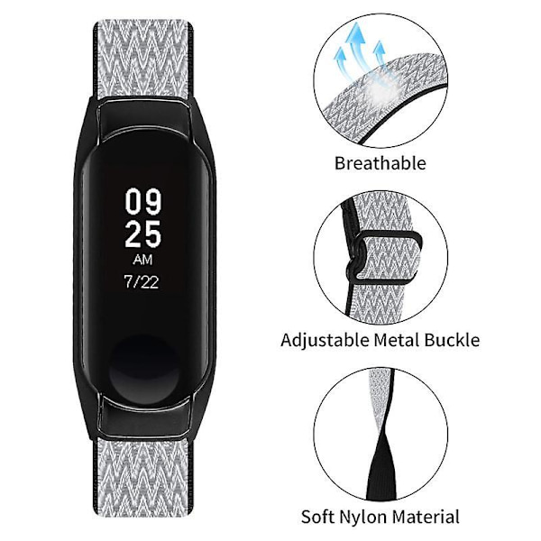 Joustava Nylon Solo Loop -ranneke Xiaomi Mi Band 5 / 6 -älykelloon, säädettävä ranneke mustalla kellokotelolla Black  White