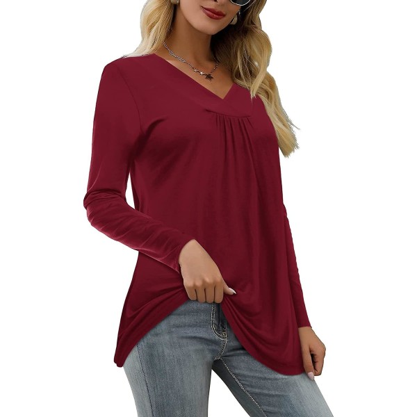 Kvinnors casual toppar V-ringad T-shirt kort/lång ärm plisserad Longine skjortor Burgundy M