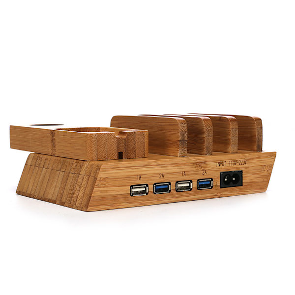 Multi-port ladestasjon i bambus for mobiltelefon, nettbrett og skrivebord