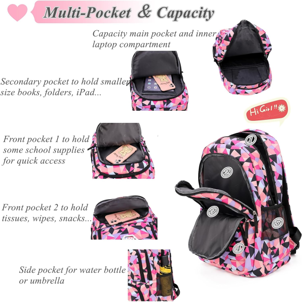 Geometric Print Backpacks for Girls Boys School, Capacity School Girls Backpacks for Kids Water-resistant Bookbags lila