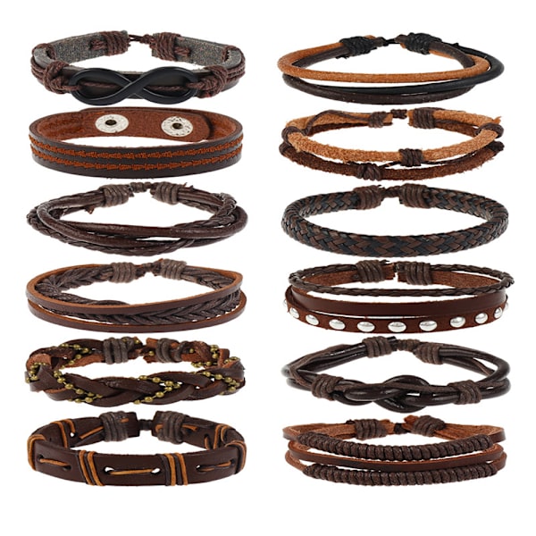 12 st flätade läderarmband för män och kvinnor, vävda manschetter, armband med träpärlor, etniska tribalarmband, justerbara