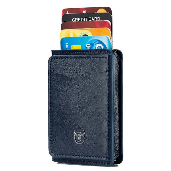 Toppskiktsläder plånbok för män Automatisk popup-metallkortfodral Blue