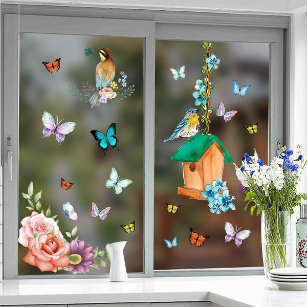 Blomfågel Fönsterdekal Anti-kollision dekorativa klistermärken Slända Fjäril Gräsväxter Klistermärken Glasfönsterdörr Badrumsdekaler