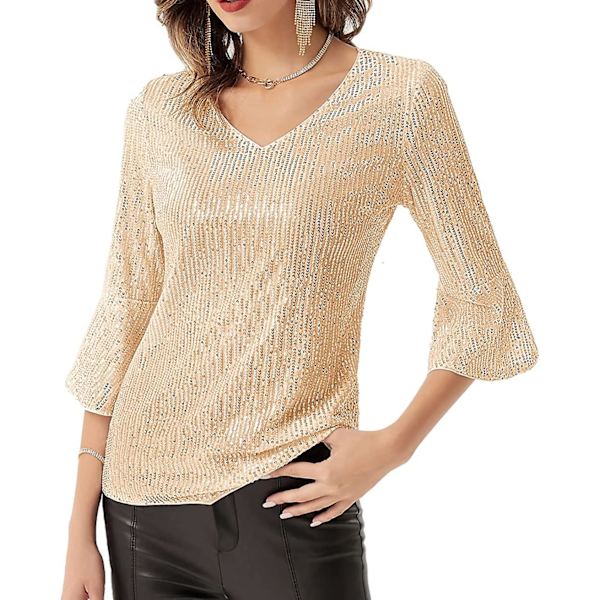 Kvinnors glittrande paljett-tank T-shirt 3/4 puffärm V-ringad blus topp Light Gold L