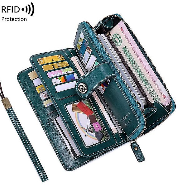 Vokset PU Læder RFID Blokerende Lang Tegnebog Mobiltelefonpung med Håndledsrem Peacock Blue