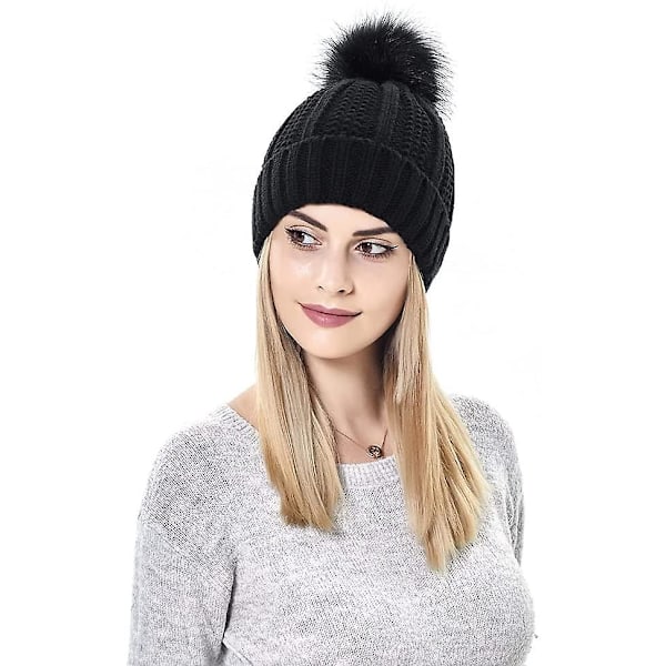 Stickad mössa för kvinnor med satin innerfoder Pom Pom vinter varm mössa Bobble Hat
