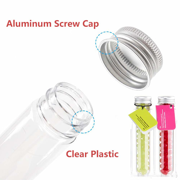 25 stk. reagensglas, 40 ml klare plastikreagensglas med skruelåg, 25x140 mm rør til prøver, videnskabsfest