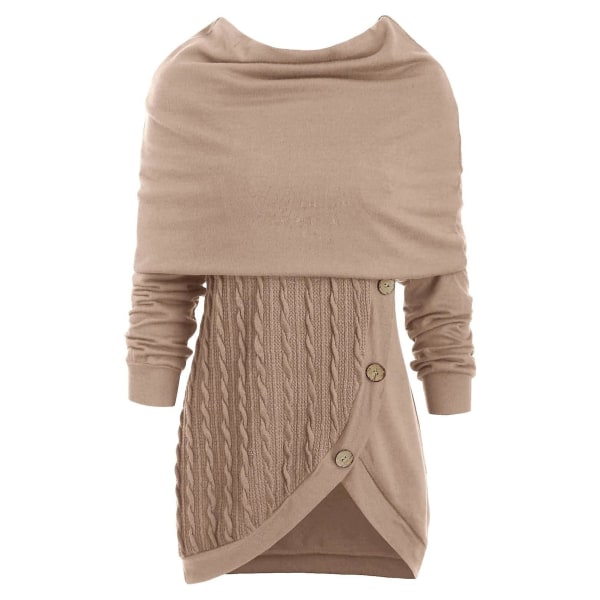 Dame plus size ensfarvet syning fastgørelse dekoration hætteklædte uregelmæssig strik sweater Khaki Xxl