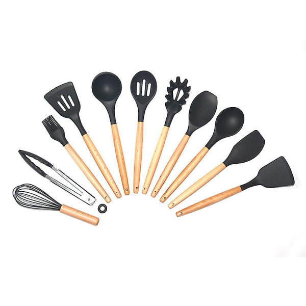 11 st/set Silikon Köksredskap Set Non-stick Silikon Matlagningsredskap Köksartiklar med Trähandtag Ny