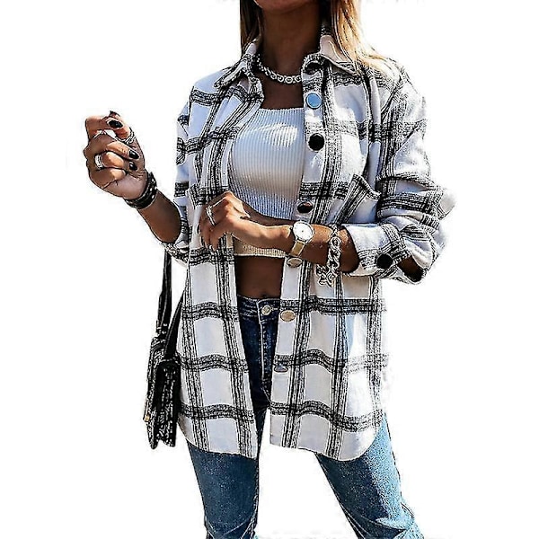 Rutete shacket-jakke for kvinner, langermet flanellskjorte med knapper White M