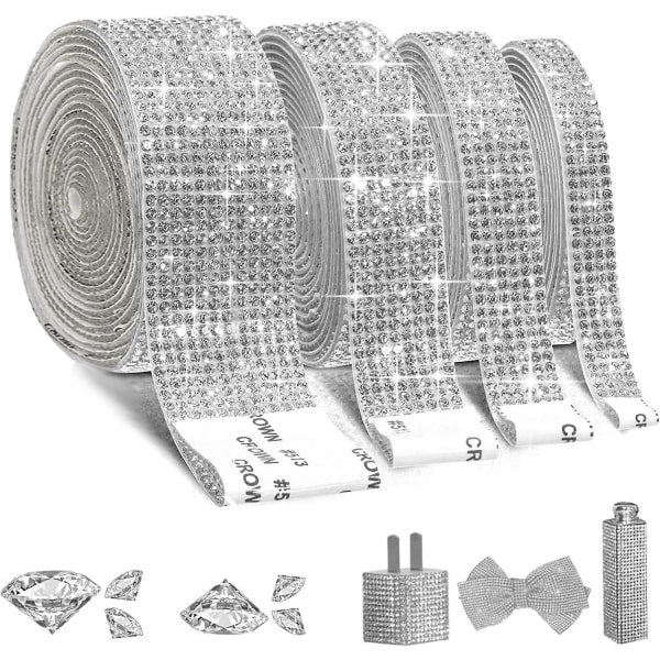 (vit)4 självhäftande strassband, kristalldekorationsklistermärke, självhäftande strass-diamantband i kristall (4 rader + 6 rader + 8 rader + 10