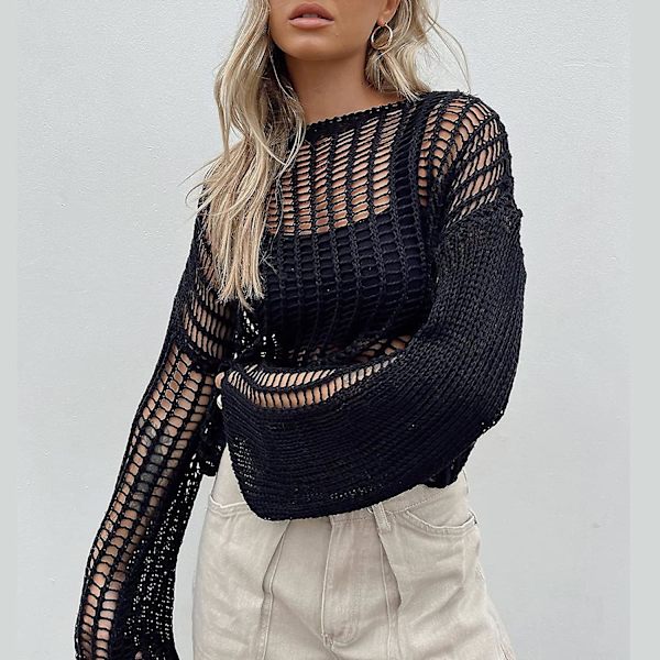 Dame Hul Ud Hæklet Strik Trøje Crop Tops Langærmet Trøje Cropped Style 8 L