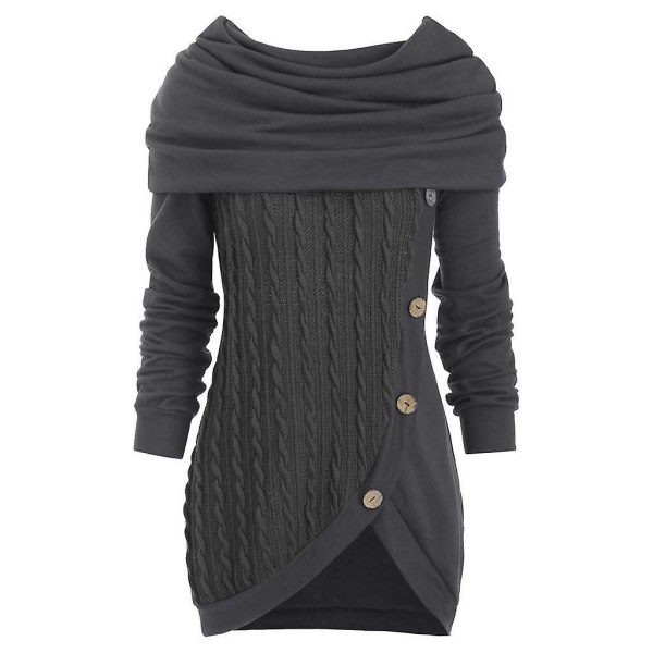 Dame plus size ensfarvet syning fastgørelse dekoration hætteklædte uregelmæssig strik sweater Khaki M