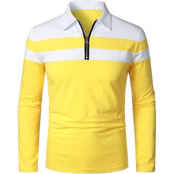 Herr Casual Långärmad Polotröjor Kontrastfärg Patchwork Bomull Tee Toppar Yellow S