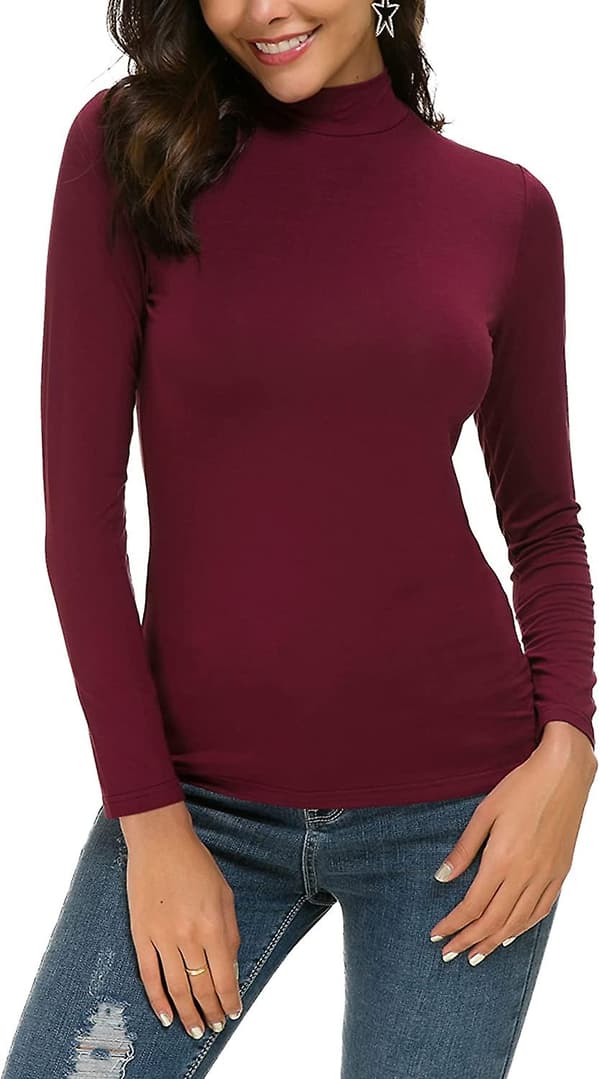 Kvinnors Slim Fit Mock Turtleneck Toppar Långärmad Stretch Pullover Enfärgade T-shirts