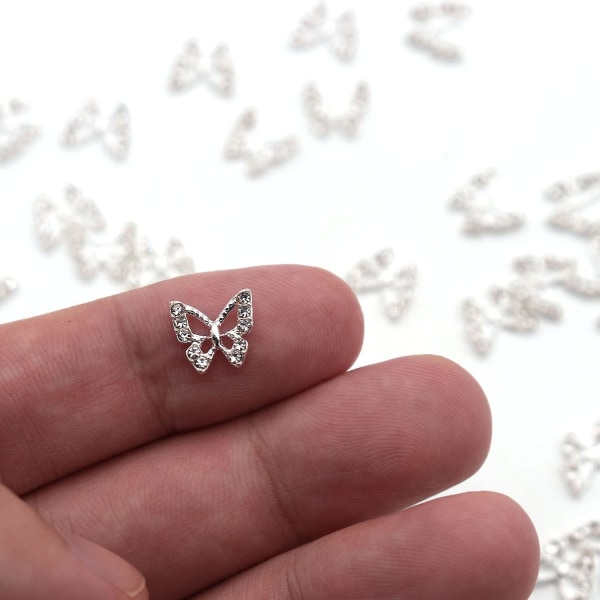 30 st 3d Butterfly Nail Charms För Akryl Naglar Silver 3D Butterfly For Nails Ihålig fjäril Med Strass Dubbade Nageldekorationer För Nail Art