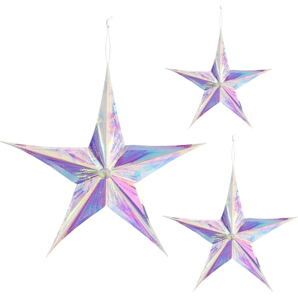 Sett med 3 Iridescent Sammenleggbare Papirstjerner med 5 Spisser - 3D Plaststjerner for Juledekorasjon, Tre, Vinduer, Bryllup, Bursdager eller Kre