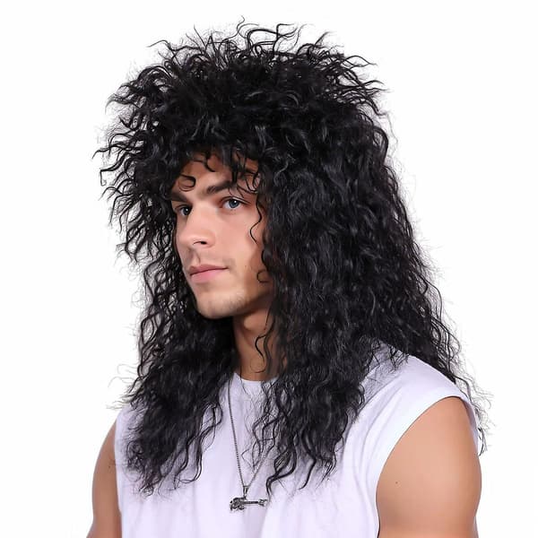 Lang krøllet sort rocker kostume paryk til mænd