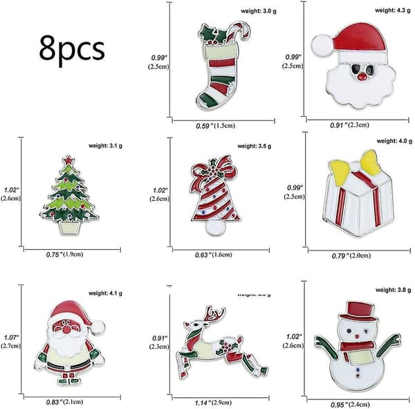 Festlig julbrosch 8-pack - snögubbe, tomte, träd, klocka, ren,