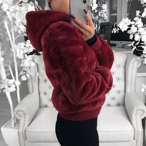 Dame Mode Afslappet Frakke Efterår Vinter Hættefrakke Plys Varm Jakker Plus Størrelse S-5xl Wine red 4XL