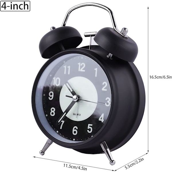 4 tommer Belyst Vækkeur, Retro Dobbelt Klokke Analog Quartz Lydløst Vækkeur Med Lydalarm Og Natlys, Metal Kabinet (sort)