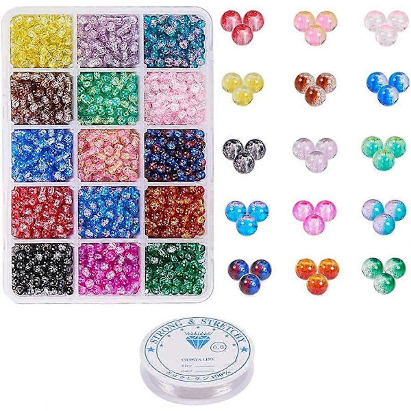 3450 st 4mm Crackle Glaspärlor 15 Färger Runda Spraymålade Lampwork Glaspärlor Blandat Sortiment med Kristall Elastiskt Tråd (0,8mm; 5m/rulle)