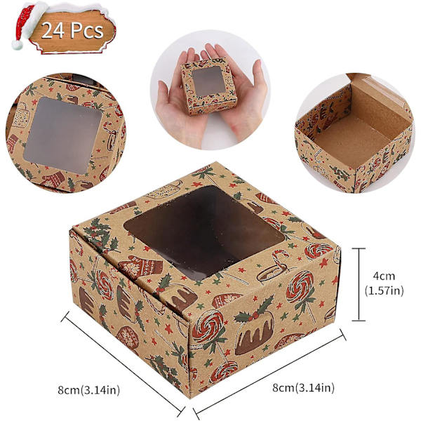 24 Mini Kaklådor 8x8x4cm Kraft Kaklåda Med Fönster Jul Cookie Box Enkel Cupcake Box Liten Bageri Box Mini Jul Presentförpackning Box För C