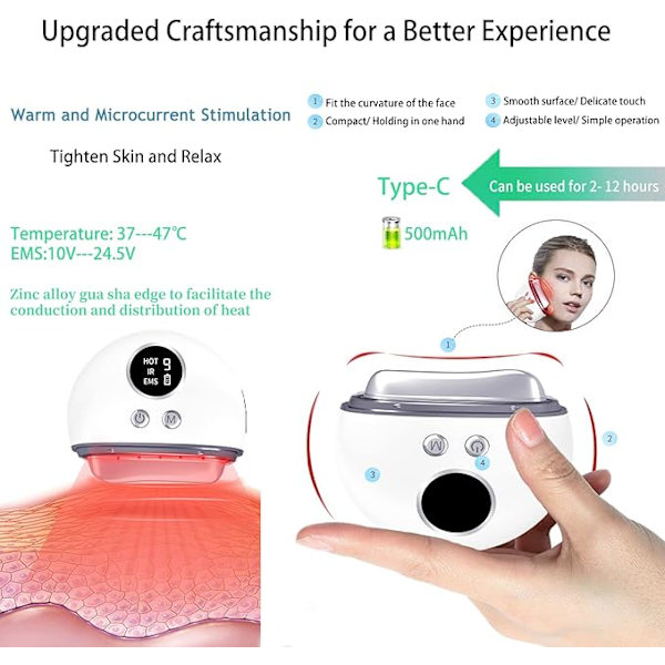 Uppgraderad Ansikts- och Kroppsmassagerare, Ansiktsapparat Gua Sha Elektrisk, Mikroström Ansikts-skrapmassagerare med IR-Vibration Värme, Ansiktslyftmaskin