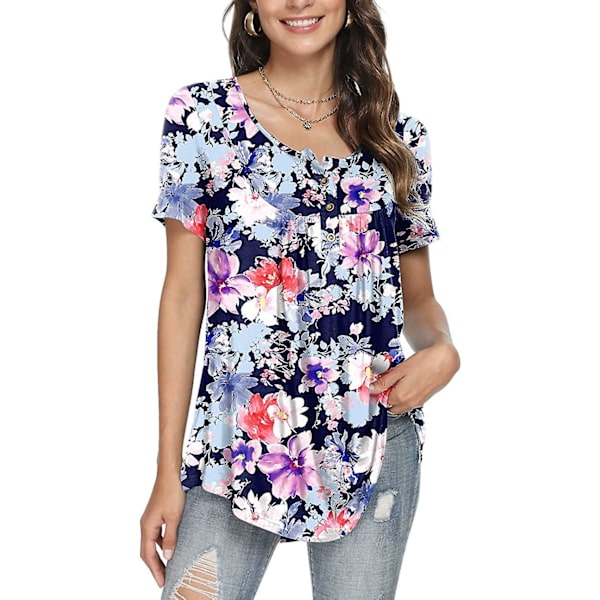 Kvinnors vår-sommar Henley-skjortor Knäppta tunikor Toppar 2023 Casual Kortärmad blus T Mix Flower XL