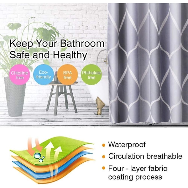 Duschdraperi, vattentät mögelskyddad polyester baddraperi för badrum eller badkar med 12 rostsäkra krokar, 180x200cm