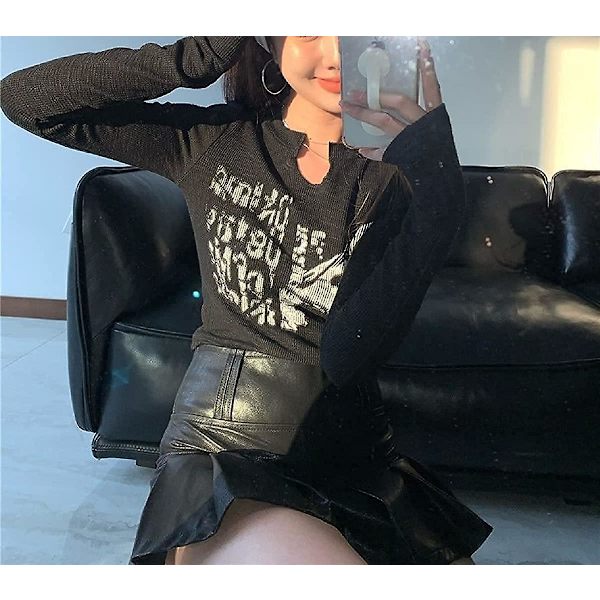 Dame Y2k Langermet Crop Top T-skjorte Slim Fit Grafisk Trykk Goth Hiphop Tee