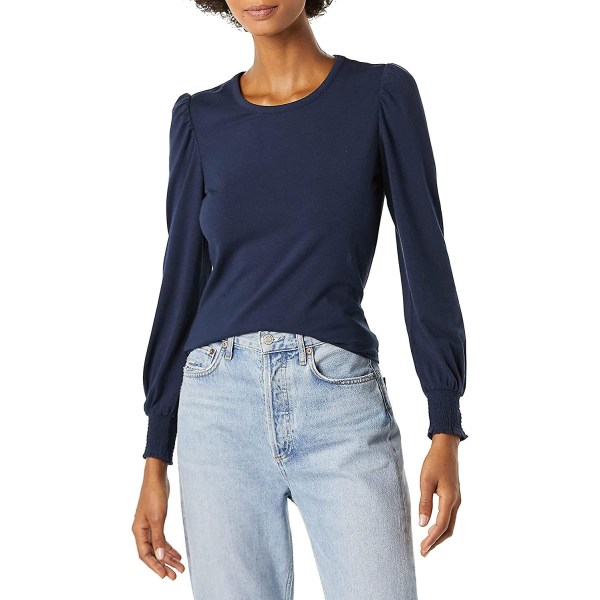 Kvinnors långärmad T-shirt med rund halsringning och smockad manschett Navy M